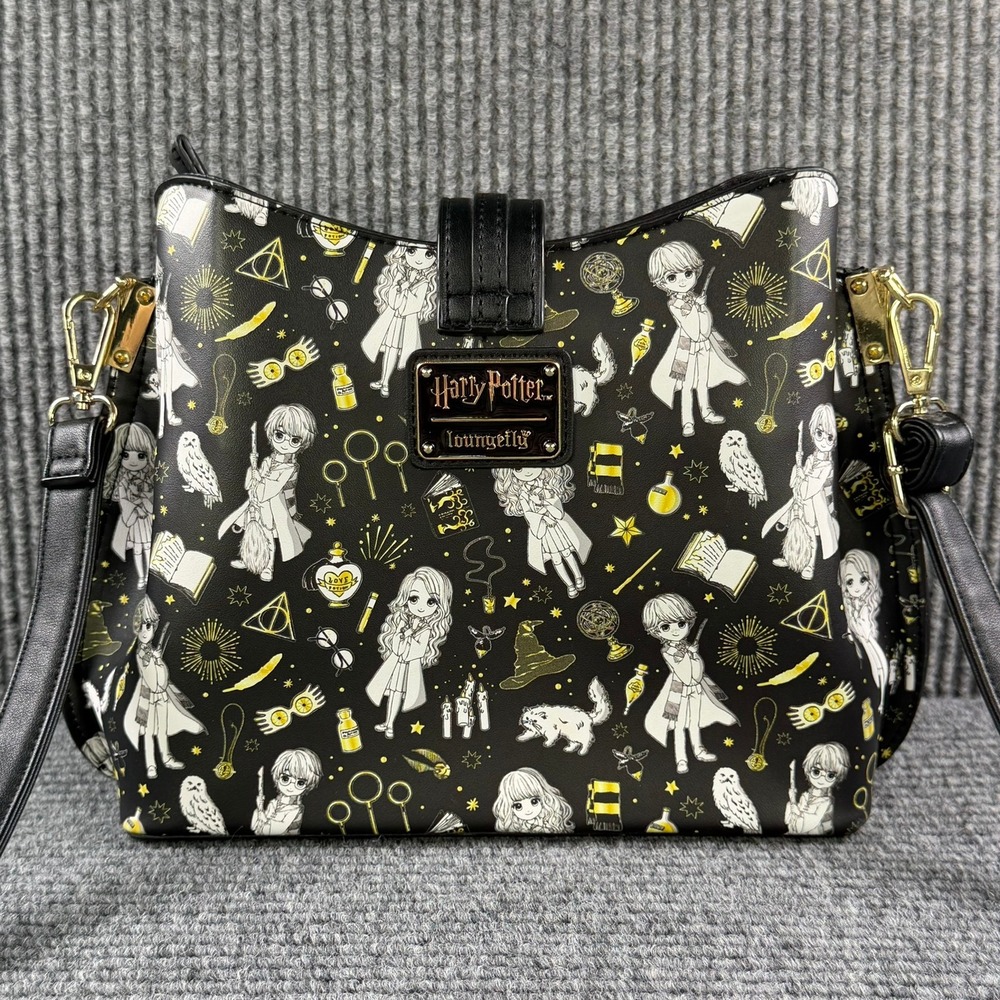Loungefly Harry Potter Chibi Characters Crossbody Bag Black Gold Anime Print - Picture 2 of 16